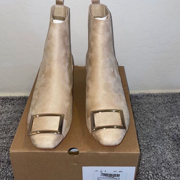 CoutGo Womens Chealsea Square Chunky Heel Booties Slip On Beige Size 5 - Picture 6 of 8